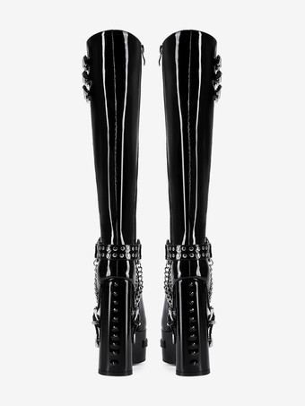 メンズ セクシー ブラック プラットフォームブーツ チャンキーヒール パテントレザー アンクルブーツ チェーンバックルディテール