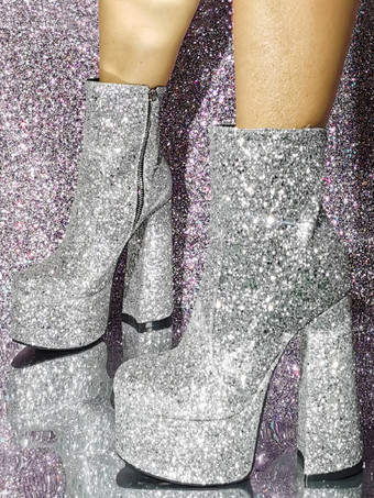 シルバー メンズ セクシー シルバー プラットフォームブーツ グリッター メタリック チャンキーヒール シューズ ステージパフォーマンスファッション