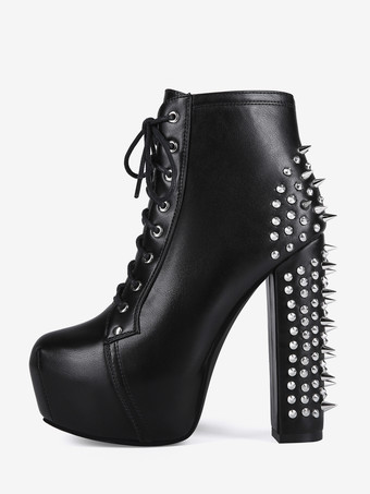 Sexy schwarze Herrenstiefel mit Nieten Schnürung Plateau und klobigem Absatz