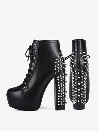 Sexy schwarze Herrenstiefel mit Nieten Schnürung Plateau und klobigem Absatz