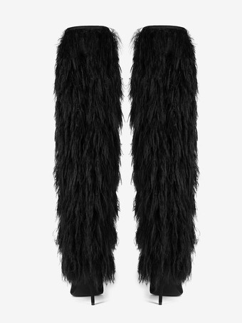 メンズ セクシー ブラック ファーブーツ ポインテッドトゥ ハイヒール 膝丈ブーツ プラッシュトリム付き
