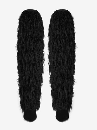 メンズ セクシー ブラック ファーブーツ ポインテッドトゥ ハイヒール 膝丈ブーツ プラッシュトリム付き