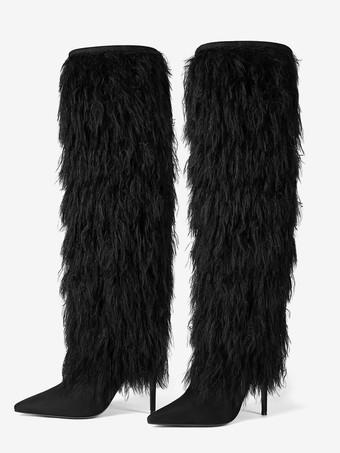 メンズ セクシー ブラック ファーブーツ ポインテッドトゥ ハイヒール 膝丈ブーツ プラッシュトリム付き