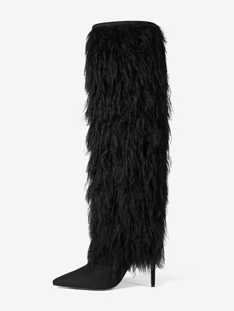 メンズ セクシー ブラック ファーブーツ ポインテッドトゥ ハイヒール 膝丈ブーツ プラッシュトリム付き