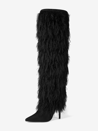 メンズ セクシー ブラック ファーブーツ ポインテッドトゥ ハイヒール 膝丈ブーツ プラッシュトリム付き