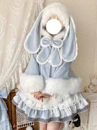 秋冬ロリータファッションにぴったりの、ポケット付きウールのウサギ耳フード付きケープ。スイートなロリータケープ。