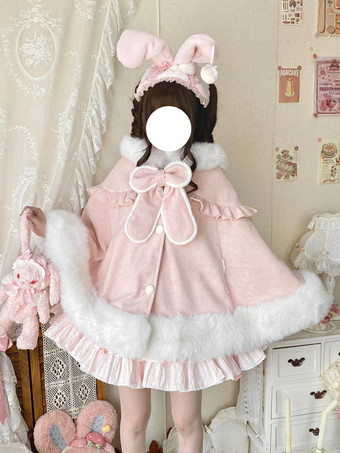 秋冬ロリータファッションにぴったりの、ポケット付きウールのウサギ耳フード付きケープ。スイートなロリータケープ。