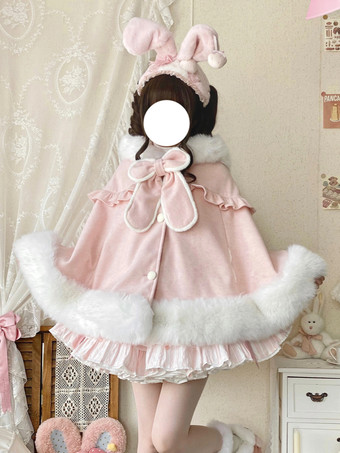 秋冬ロリータファッションにぴったりの、ポケット付きウールのウサギ耳フード付きケープ。スイートなロリータケープ。