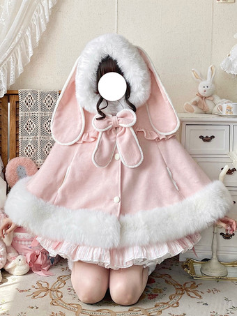 ピンク秋冬ロリータファッションにぴったりの、ポケット付きウールのウサギ耳フード付きケープ。スイートなロリータケープ。