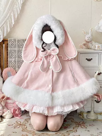 秋冬ロリータファッションにぴったりの、ポケット付きウールのウサギ耳