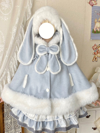 ライトスカイブルー秋冬ロリータファッションにぴったりの、ポケット付きウールのウサギ耳フード付きケープ。スイートなロリータケープ。