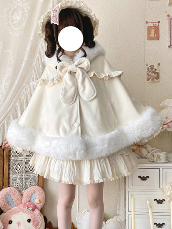 アプリコット秋冬ロリータファッションにぴったりの、ポケット付きウールのウサギ耳フード付きケープ。スイートなロリータケープ。