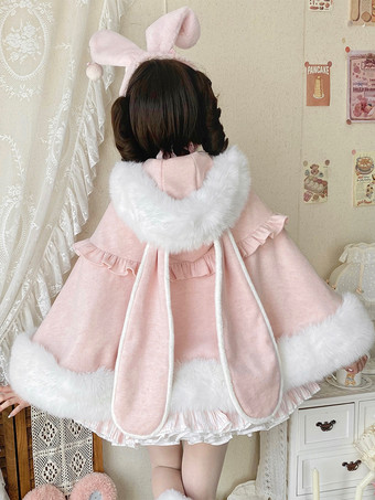 秋冬ロリータファッションにぴったりの、ポケット付きウールのウサギ耳フード付きケープ。スイートなロリータケープ。
