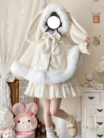 秋冬ロリータファッションにぴったりの、ポケット付きウールのウサギ耳フード付きケープ。スイートなロリータケープ。