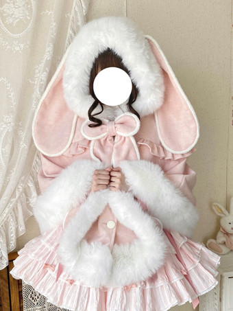 秋冬ロリータファッションにぴったりの、ポケット付きウールのウサギ耳フード付きケープ。スイートなロリータケープ。