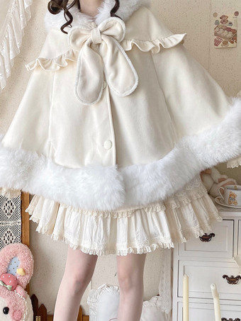 秋冬ロリータファッションにぴったりの、ポケット付きウールのウサギ耳フード付きケープ。スイートなロリータケープ。