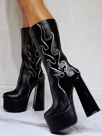 ブラック メンズ セクシー 炎柄ブーツ 刺繍入り ファイヤーパターン プラットフォームヒール ロックミュージックステージ用