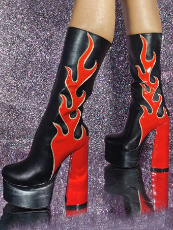 レッド メンズ セクシー 炎柄ブーツ 刺繍入り ファイヤーパターン プラットフォームヒール ロックミュージックステージ用