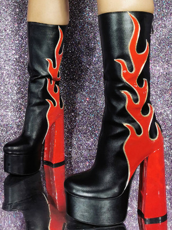 メンズ セクシー 炎柄ブーツ 刺繍入り ファイヤーパターン プラットフォームヒール ロックミュージックステージ用