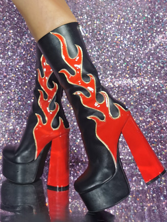メンズ セクシー 炎柄ブーツ 刺繍入り ファイヤーパターン プラットフォームヒール ロックミュージックステージ用