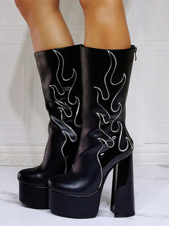 メンズ セクシー 炎柄ブーツ 刺繍入り ファイヤーパターン プラットフォームヒール ロックミュージックステージ用