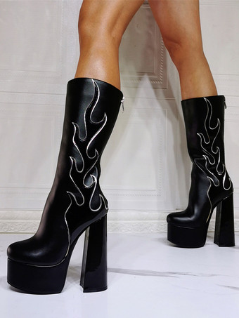 メンズ セクシー 炎柄ブーツ 刺繍入り ファイヤーパターン プラットフォームヒール ロックミュージックステージ用