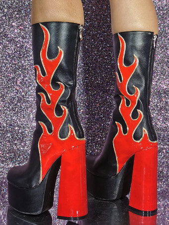 メンズ セクシー 炎柄ブーツ 刺繍入り ファイヤーパターン プラットフォームヒール ロックミュージックステージ用