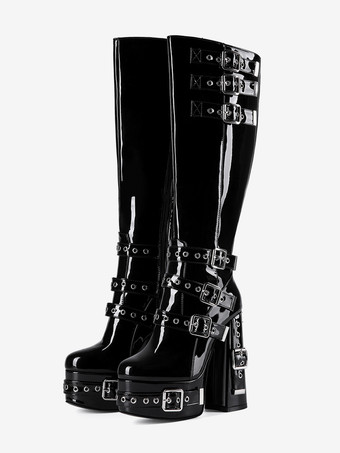 メンズ セクシー ブラック パテントレザー ブーツ メタルバックルディテール プラットフォームヒール ニーハイブーツ