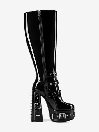 メンズ セクシー ブラック パテントレザー ブーツ メタルバックルディテール プラットフォームヒール ニーハイブーツ