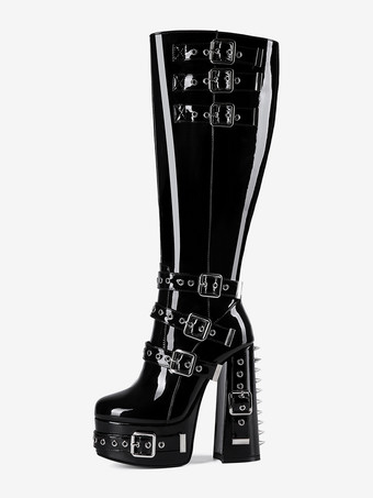 メンズ セクシー ブラック パテントレザー ブーツ メタルバックルディテール プラットフォームヒール ニーハイブーツ
