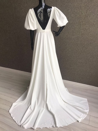 シンプルなウェディングドレス サテン生地 スクエアネック 半袖 サッシュ Aライン ブライダルガウン