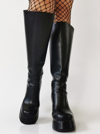 Sexy schwarze Herren-Plateaustiefel mit klobigem Absatz kniehoch aus Leder