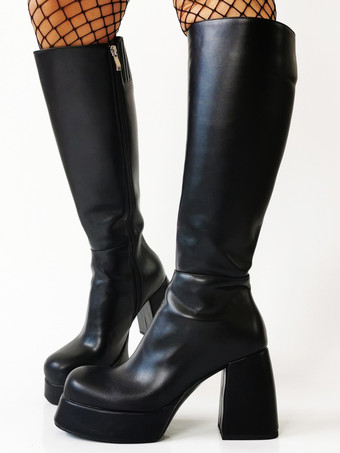 Sexy schwarze Herren-Plateaustiefel mit klobigem Absatz kniehoch aus Leder