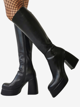 SchwarzSexy schwarze Herren-Plateaustiefel mit klobigem Absatz kniehoch aus Leder