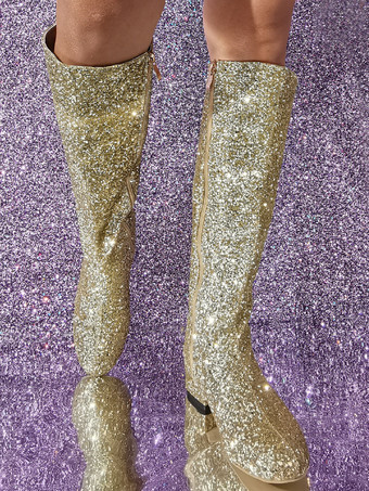 メンズセクシーゴールドメタリックブーツ グリッターニーハイシューズ ハイヒール ステージパフォーマンスファッション