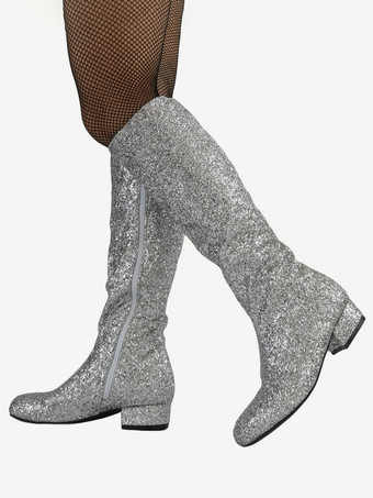 シルバー メンズセクシーゴールドメタリックブーツ グリッターニーハイシューズ ハイヒール ステージパフォーマンスファッション