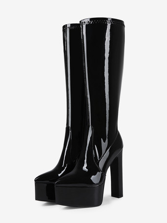 Nero Stivali da uomo sexy in vernice nera con tacco alto e plateau fino al ginocchio