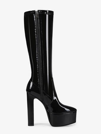 Stivali da uomo sexy in vernice nera con tacco alto e plateau fino al ginocchio