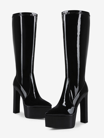Stivali da uomo sexy in vernice nera con tacco alto e plateau fino al ginocchio
