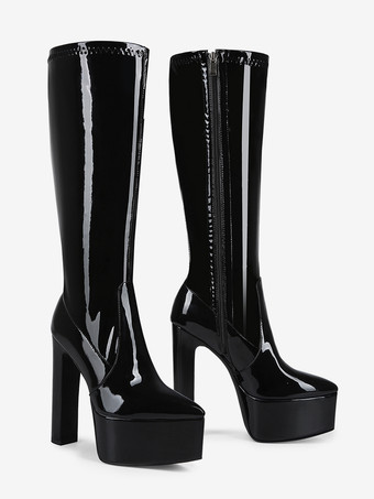 Stivali da uomo sexy in vernice nera con tacco alto e plateau fino al ginocchio