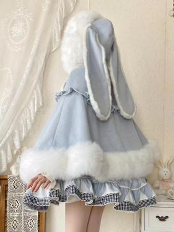 秋冬ロリータファッションにぴったりの、ポケット付きウールのウサギ耳フード付きケープ。スイートなロリータケープ。