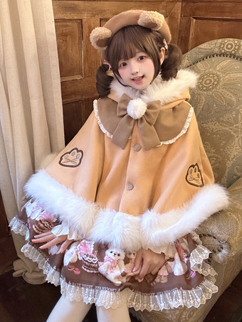 Light Brown Sweet Lolita Cape Plush Lined Christmas Hooded Cloak With Embroidery