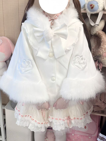 White Sweet Lolita Cape Plush Lined Christmas Hooded Cloak With Embroidery