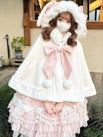 スイートロリータケープ、リボン付きウサギ耳付きプレミアムラビットファーマント、暖かくてかわいいアウターウェア