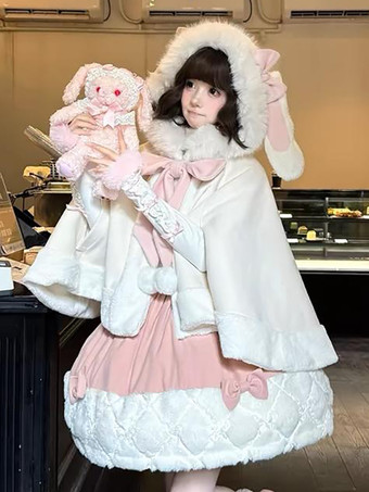 スイートロリータケープ、リボン付きウサギ耳付きプレミアムラビットファーマント、暖かくてかわいいアウターウェア