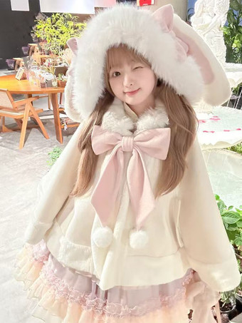 ソフトピンクスイートロリータケープ、リボン付きウサギ耳付きプレミアムラビットファーマント、暖かくてかわいいアウターウェア