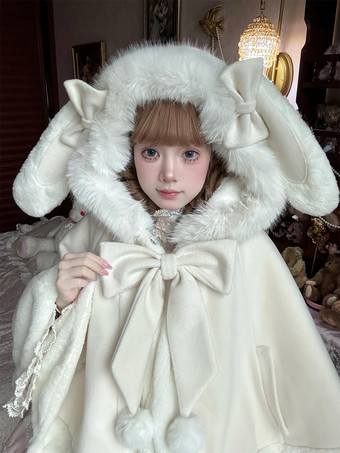 ホワイト スイートロリータケープ、リボン付きウサギ耳付きプレミアムラビットファーマント、暖かくてかわいいアウターウェア