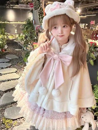 スイートロリータケープ、リボン付きウサギ耳付きプレミアムラビットファーマント、暖かくてかわいいアウターウェア