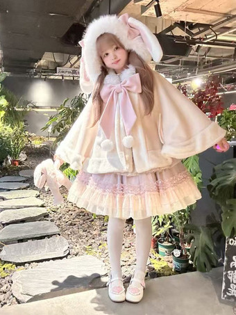 スイートロリータケープ、リボン付きウサギ耳付きプレミアムラビットファーマント、暖かくてかわいいアウターウェア