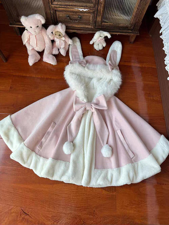 スイートロリータケープ、リボン付きウサギ耳付きプレミアムラビットファーマント、暖かくてかわいいアウターウェア